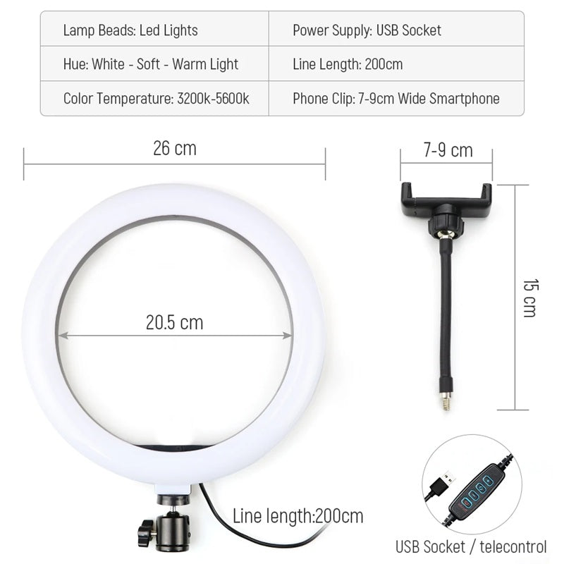 Ring Lights 10" Portable LED Selfie Lights (26cm) for Camera, Phone, TIK Tok, YouTube Video Shooting. Foldable and Lightweight. 7 feet Long. 3 Color Modes LED Light