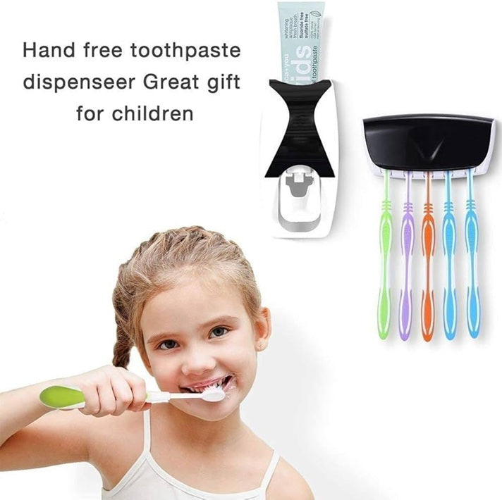 Wall-Mounted Automatic Toothpaste Dispenser with 5-Slot Toothbrush Holder | Hands-Free Vacuum Pump Toothpaste Squeezer for Bathroom – Multicolor (1 Pc)
