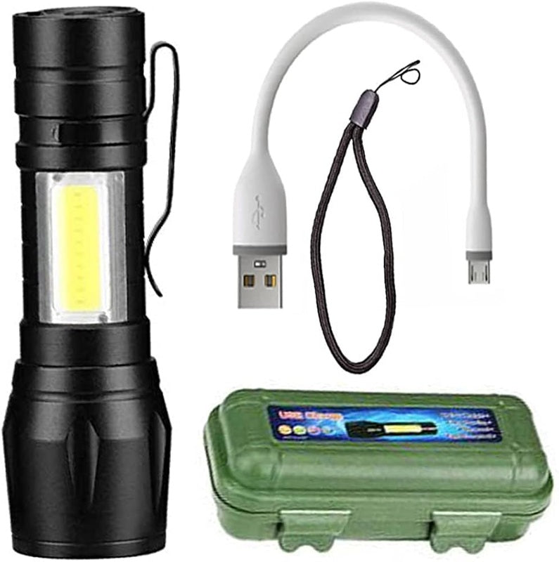 LED Flashlight with COB Light Mini Waterproof Portable LED Flashlight Emergency USB Rechargeable 3 Modes Light Flashlight with Hanging Rope, Metal