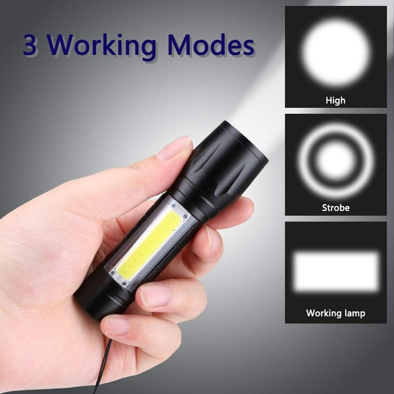 LED Flashlight with COB Light Mini Waterproof Portable LED Flashlight Emergency USB Rechargeable 3 Modes Light Flashlight with Hanging Rope, Metal
