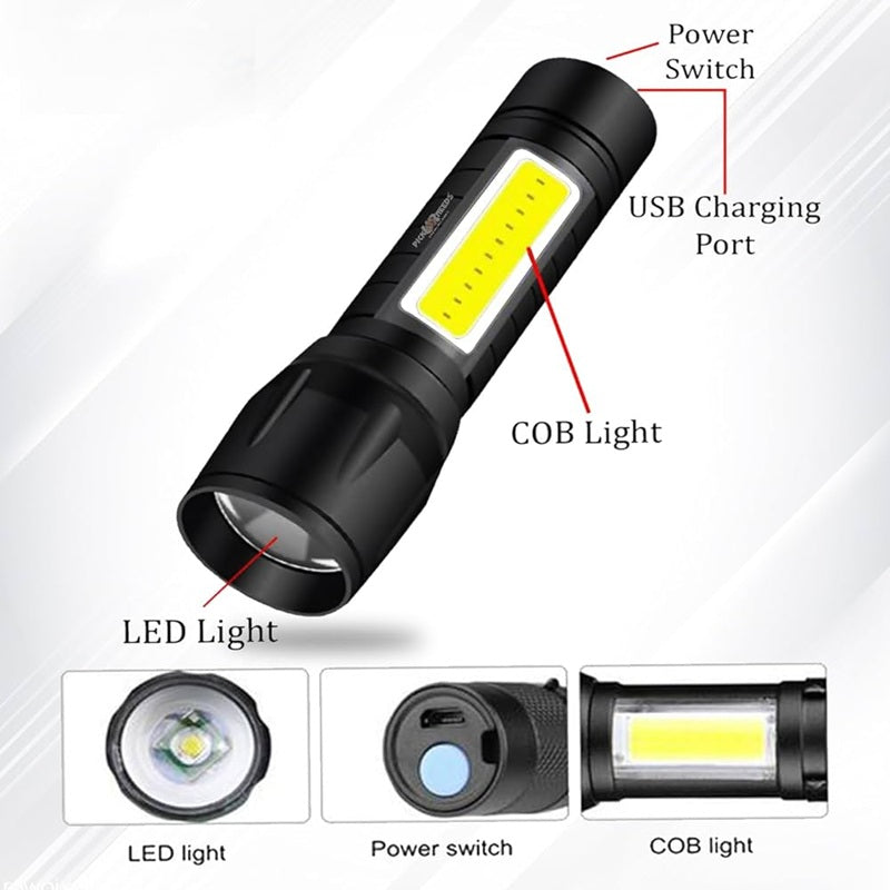 LED Flashlight with COB Light Mini Waterproof Portable LED Flashlight Emergency USB Rechargeable 3 Modes Light Flashlight with Hanging Rope, Metal