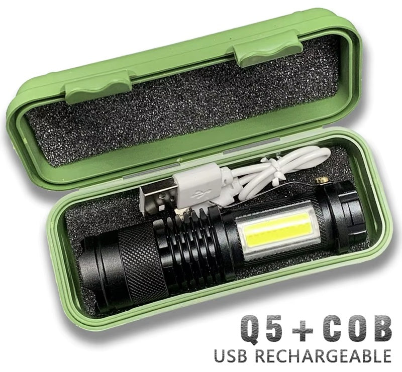 LED Flashlight with COB Light Mini Waterproof Portable LED Flashlight Emergency USB Rechargeable 3 Modes Light Flashlight with Hanging Rope, Metal