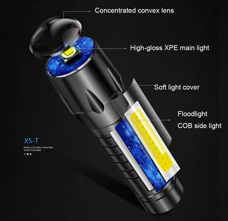 LED Flashlight with COB Light Mini Waterproof Portable LED Flashlight Emergency USB Rechargeable 3 Modes Light Flashlight with Hanging Rope, Metal