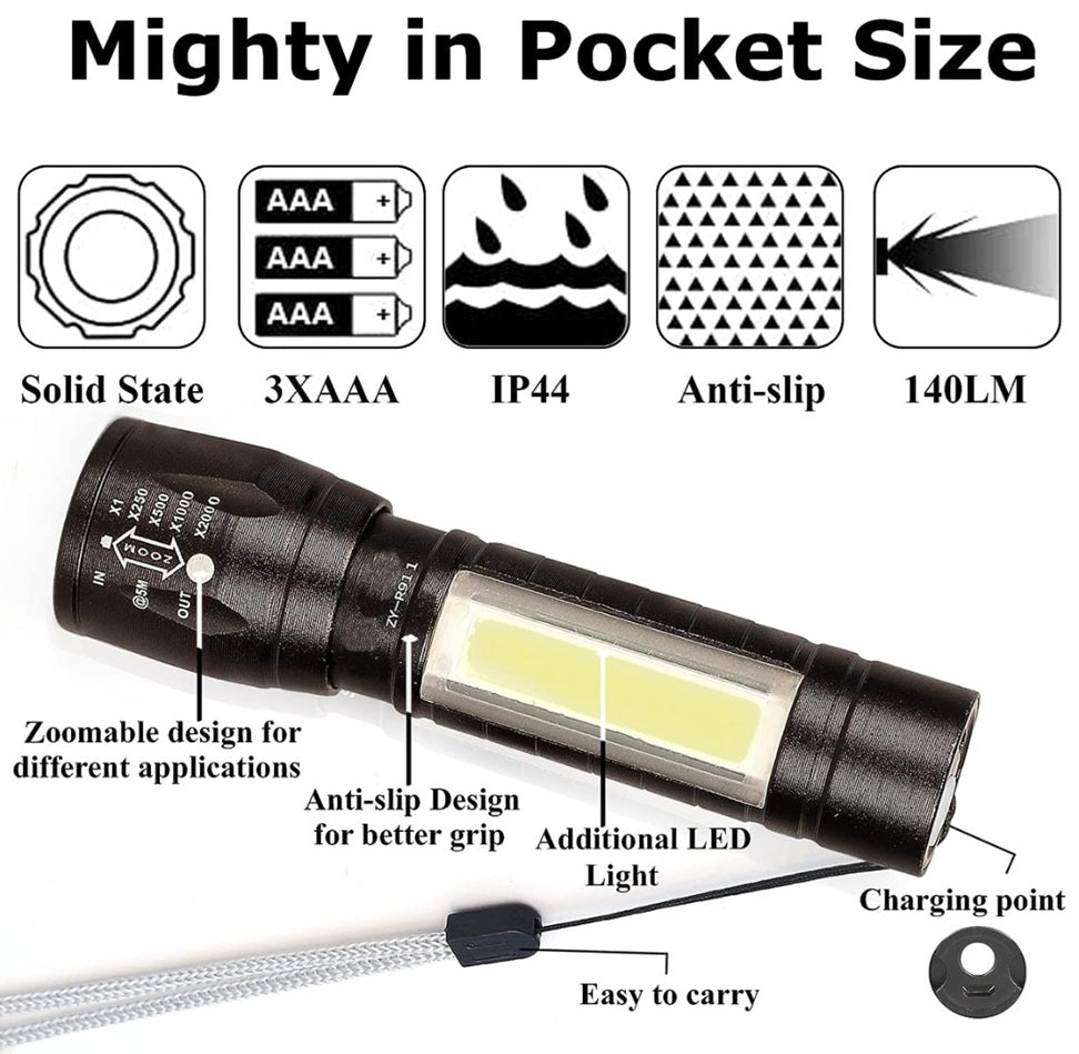 LED Flashlight with COB Light Mini Waterproof Portable LED Flashlight Emergency USB Rechargeable 3 Modes Light Flashlight with Hanging Rope, Metal