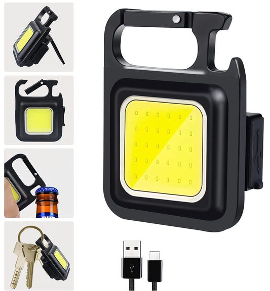 Keychain Mini Cob Flashlight, Super Bright (Max 500 Lumens) Rechargeable Emergency Light, 4 Modes Portable Pocket Light with Folding Bracket Bottle Opener for Fishing, Camping, Walking