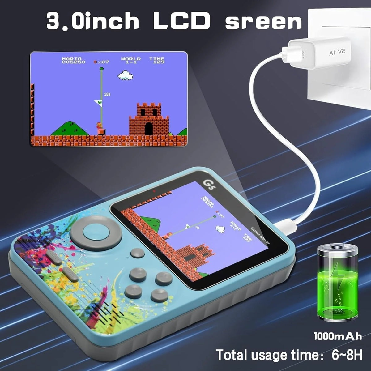G5 5000 in 1 Retro Game Box Only for 1 Player, Handheld Classical Game PAD Can Play On TV, 500 Games Like Contra, Tank, Bomber Man Etc. (A Like Star Product) (Blue Grey)