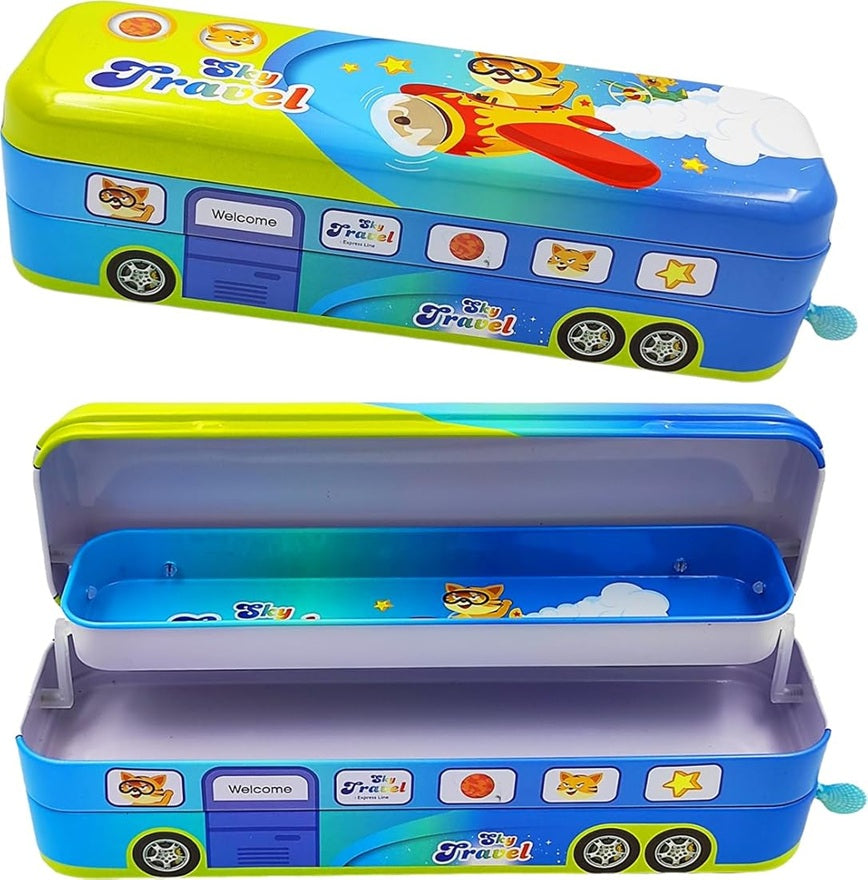Double Decker Sky Travel Pencil Box with Pulling Thread and Moving Wheels |Sky Travel City Bus Pencil Box Art Metal Pencil Box