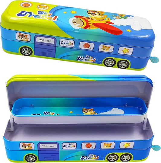 Double Decker Sky Travel Pencil Box with Pulling Thread and Moving Wheels |Sky Travel City Bus Pencil Box Art Metal Pencil Box