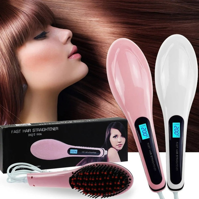 HQT-906 Fast Hair Straightener Brush with Temperature Control (Multicolour)