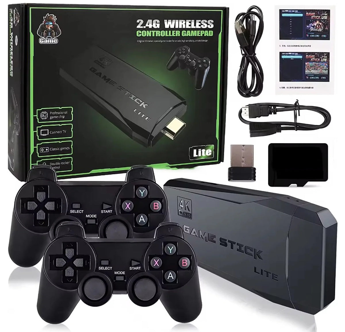 Game Stick Lite 4K Wireless Console | 15,000+ Retro Games | 64GB Card | Dual 2.4G Wireless Controllers | HDMI Plug & Play