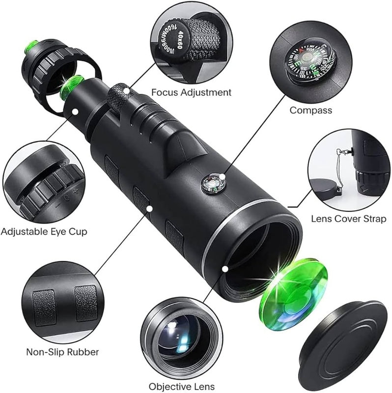 40X60HD Zoom Magnification Telescope + Mobile Phone Mount + Tripod for Adults and Children. High Power, Bi-Focal, FMC Coating and BAK4 Prism Optical Lens Gadget. Moon, Bird Watching/ Wildlife Hunting/ Stargazing/ Outdoor Camping Hiking/ Live Concert.