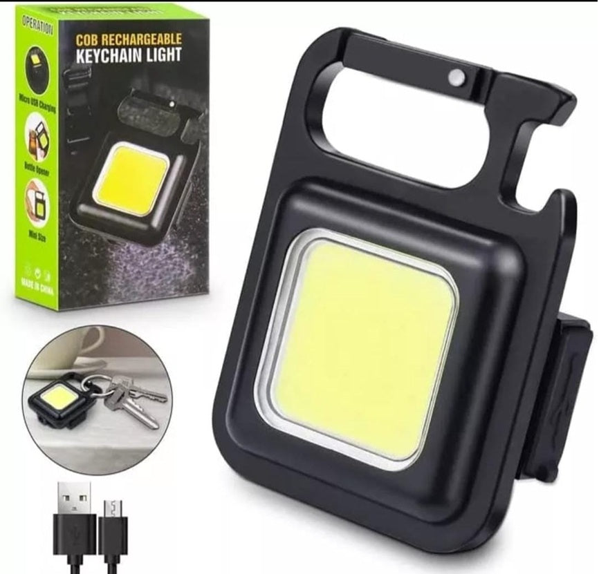 Keychain Mini Cob Flashlight, Super Bright (Max 500 Lumens) Rechargeable Emergency Light, 4 Modes Portable Pocket Light with Folding Bracket Bottle Opener for Fishing, Camping, Walking