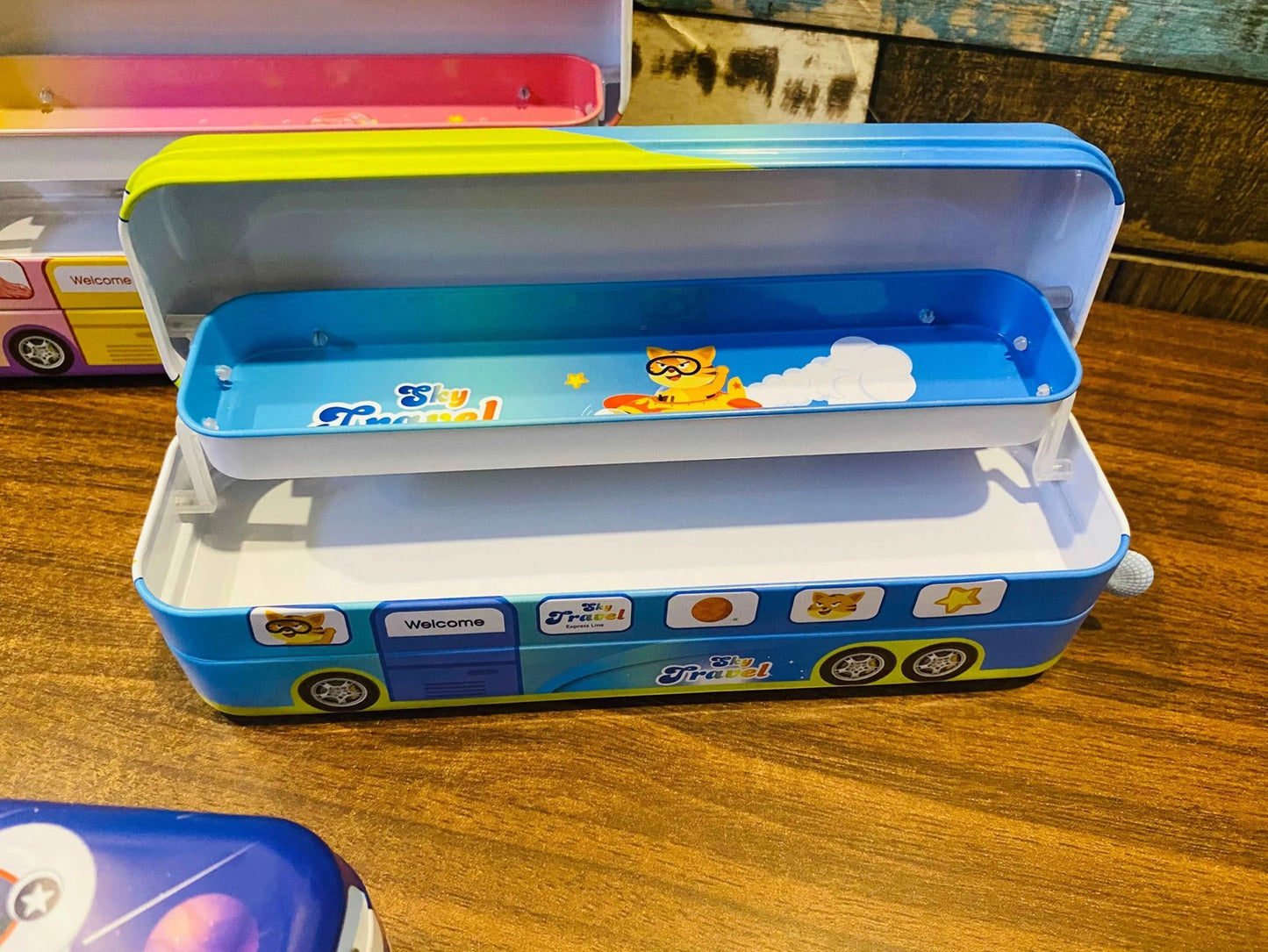 Double Decker Sky Travel Pencil Box with Pulling Thread and Moving Wheels |Sky Travel City Bus Pencil Box Art Metal Pencil Box