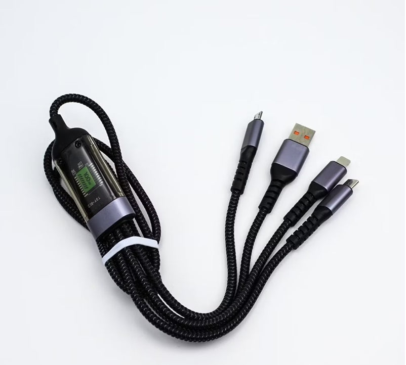 3-in-1 Multi USB Charging Cable, 100W Fast Charging, Braided Nylon, Black