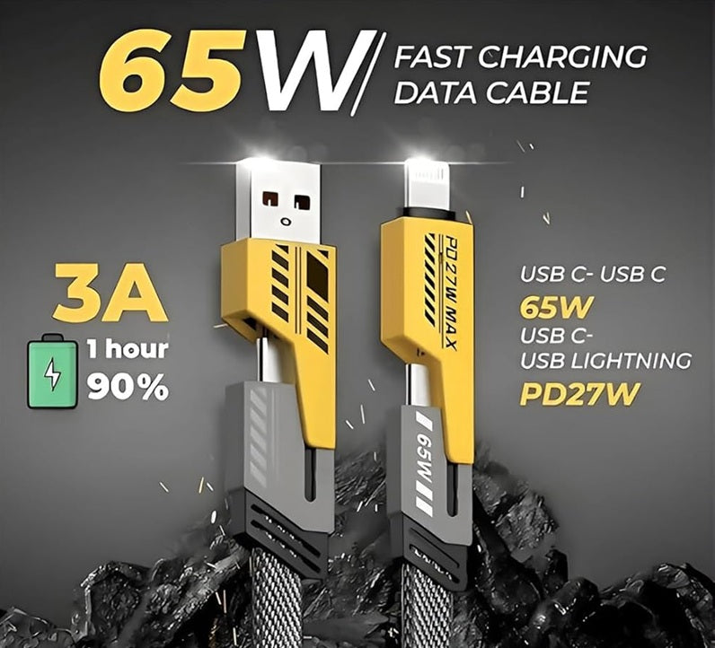 4-in-1 Fast Charging Cable | 65Watt PD | USB-A/USB-C/Lightning Multifunctional Cord