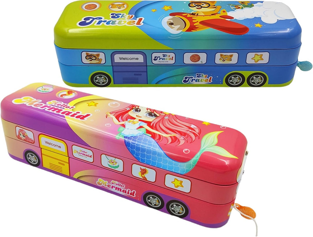 Double Decker Sky Travel Pencil Box with Pulling Thread and Moving Wheels |Sky Travel City Bus Pencil Box Art Metal Pencil Box