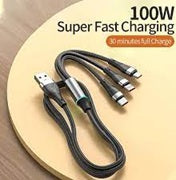 3-in-1 Multi USB Charging Cable, 100W Fast Charging, Braided Nylon, Black