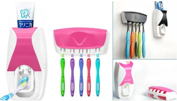 Wall-Mounted Automatic Toothpaste Dispenser with 5-Slot Toothbrush Holder | Hands-Free Vacuum Pump Toothpaste Squeezer for Bathroom – Multicolor (1 Pc)