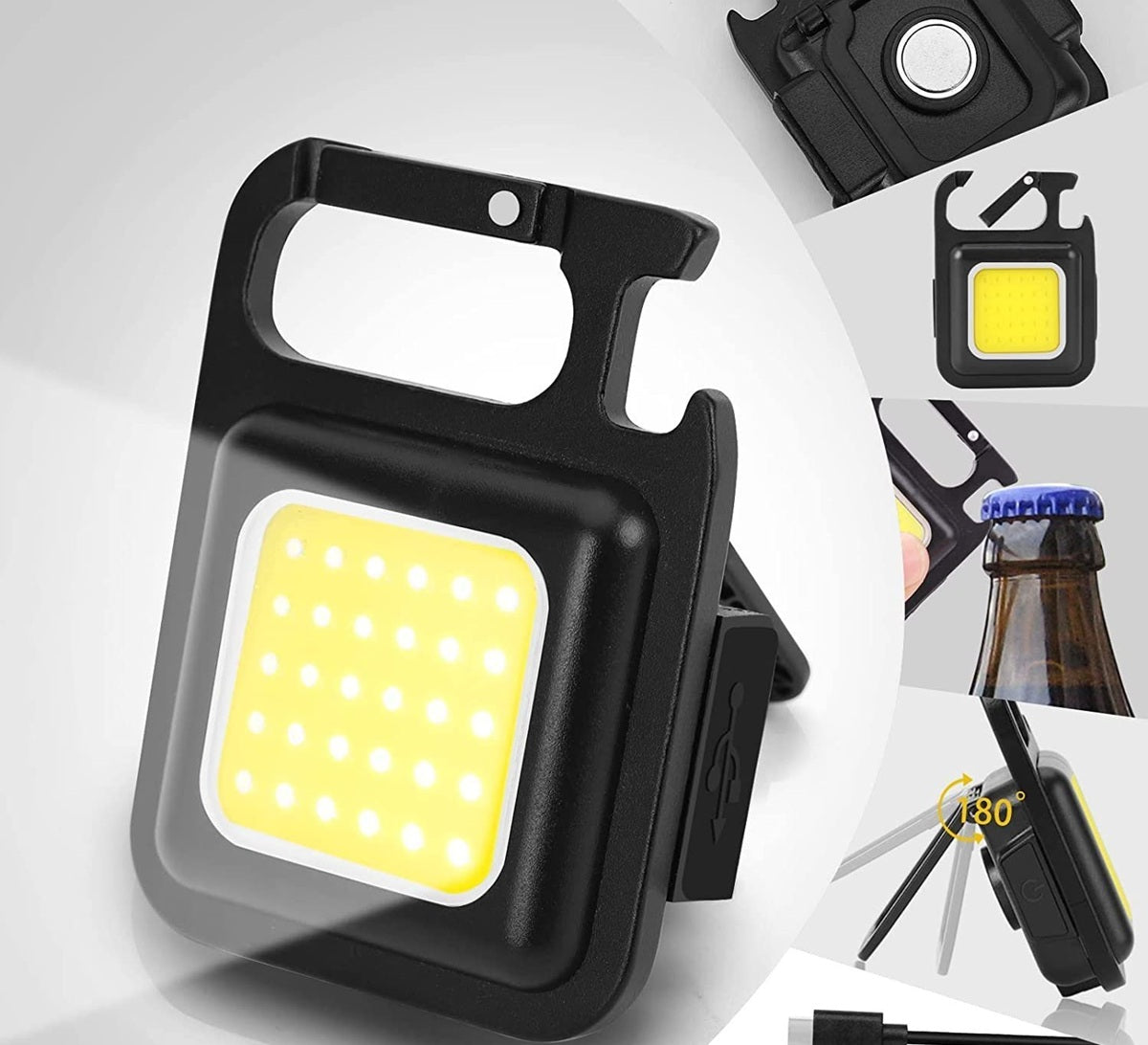 Keychain Mini Cob Flashlight, Super Bright (Max 500 Lumens) Rechargeable Emergency Light, 4 Modes Portable Pocket Light with Folding Bracket Bottle Opener for Fishing, Camping, Walking