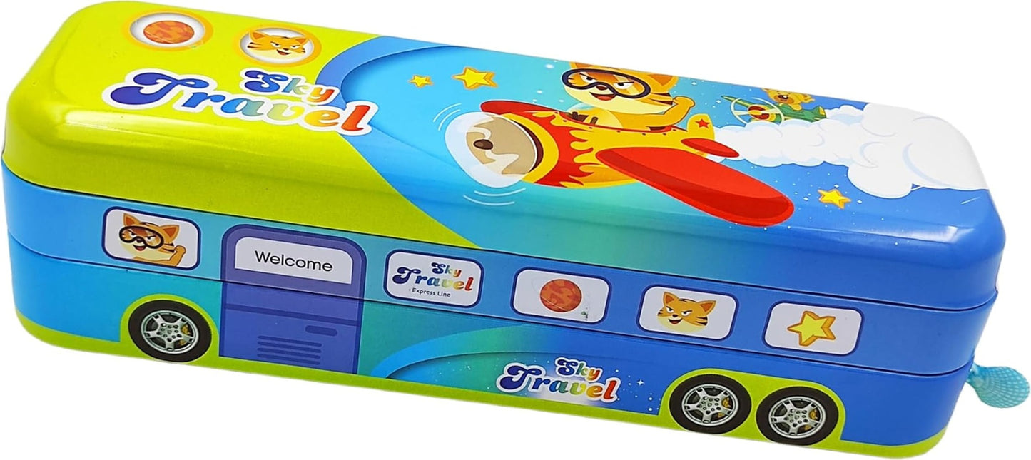 Double Decker Sky Travel Pencil Box with Pulling Thread and Moving Wheels |Sky Travel City Bus Pencil Box Art Metal Pencil Box