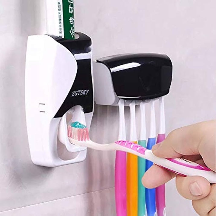 Wall-Mounted Automatic Toothpaste Dispenser with 5-Slot Toothbrush Holder | Hands-Free Vacuum Pump Toothpaste Squeezer for Bathroom – Multicolor (1 Pc)