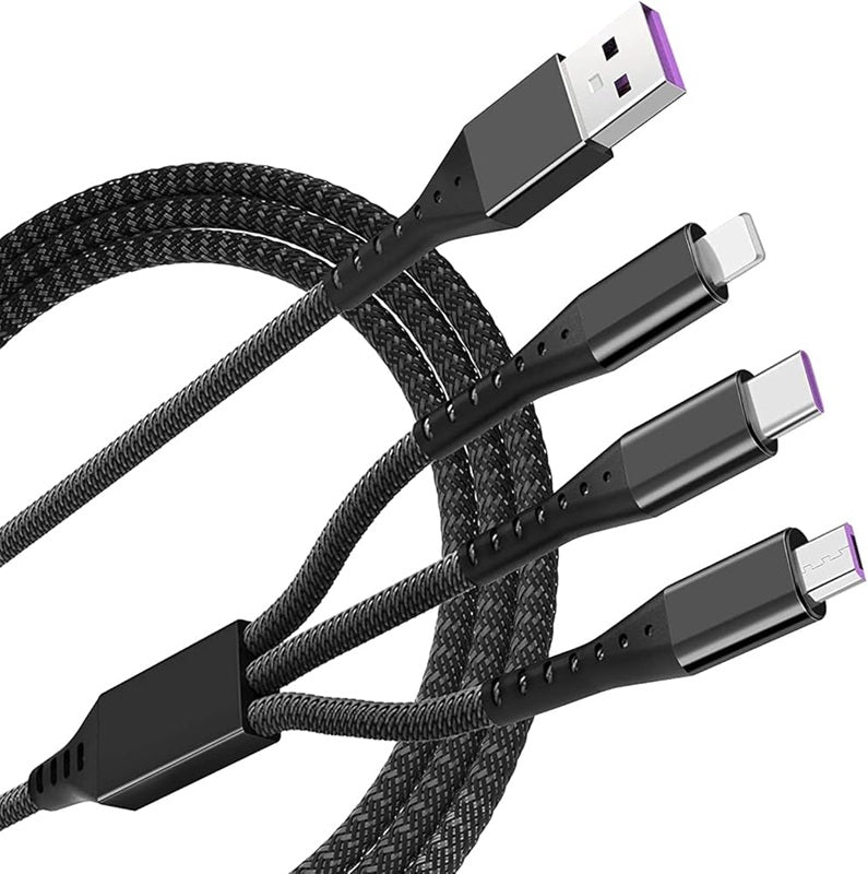 3-in-1 Multi USB Charging Cable, 100W Fast Charging, Braided Nylon, Black