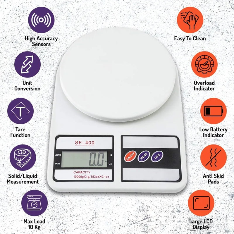 Btag SF-400 Digital Kitchen Weighing Scale | 10Kg x 1g Precision | Food Scale with LCD Display for Cooking, Baking, Meal Prep & Healthy Diet | Compact Electronic Weight Machine for Home Use.(White)