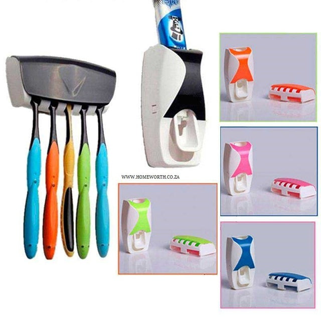 Wall-Mounted Automatic Toothpaste Dispenser with 5-Slot Toothbrush Holder | Hands-Free Vacuum Pump Toothpaste Squeezer for Bathroom – Multicolor (1 Pc)