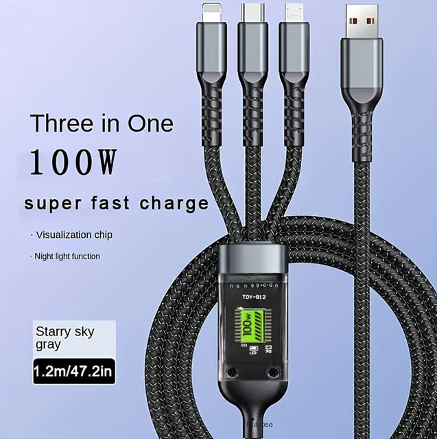 3-in-1 Multi USB Charging Cable, 100W Fast Charging, Braided Nylon, Black