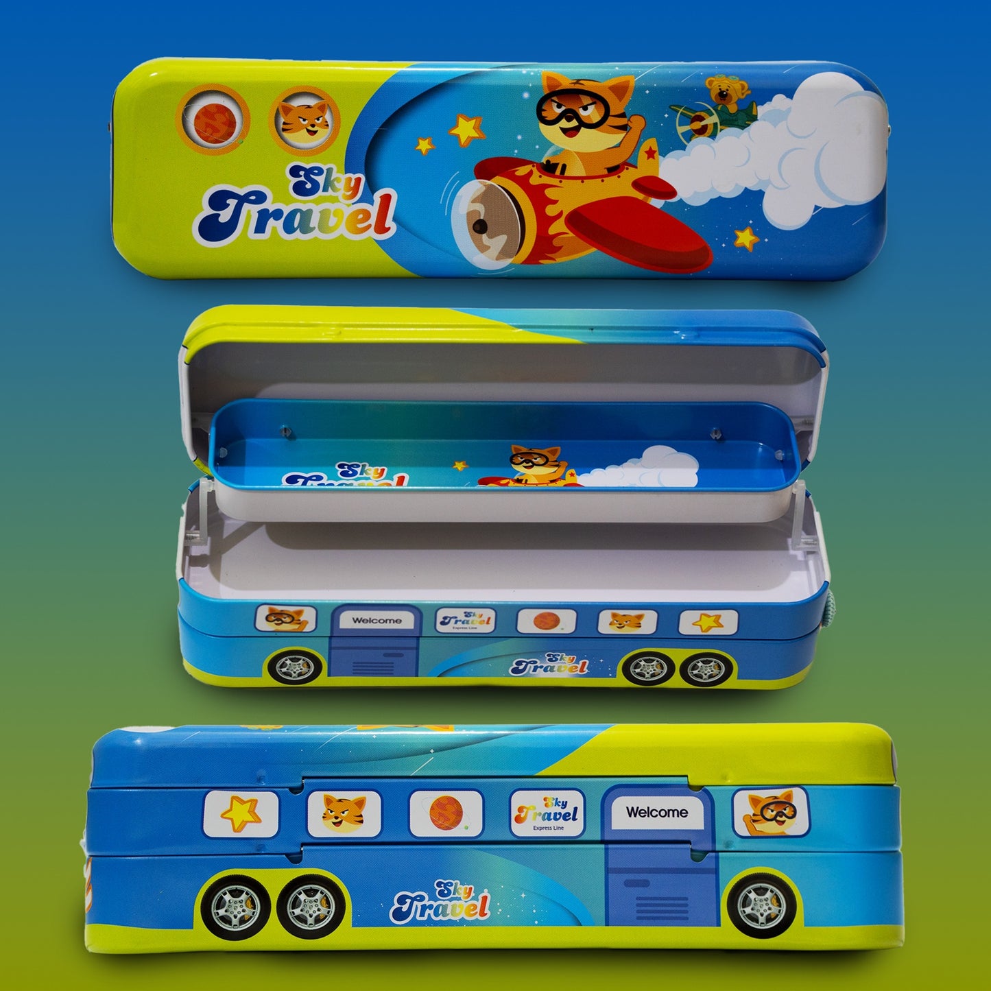 Double Decker Sky Travel Pencil Box with Pulling Thread and Moving Wheels |Sky Travel City Bus Pencil Box Art Metal Pencil Box