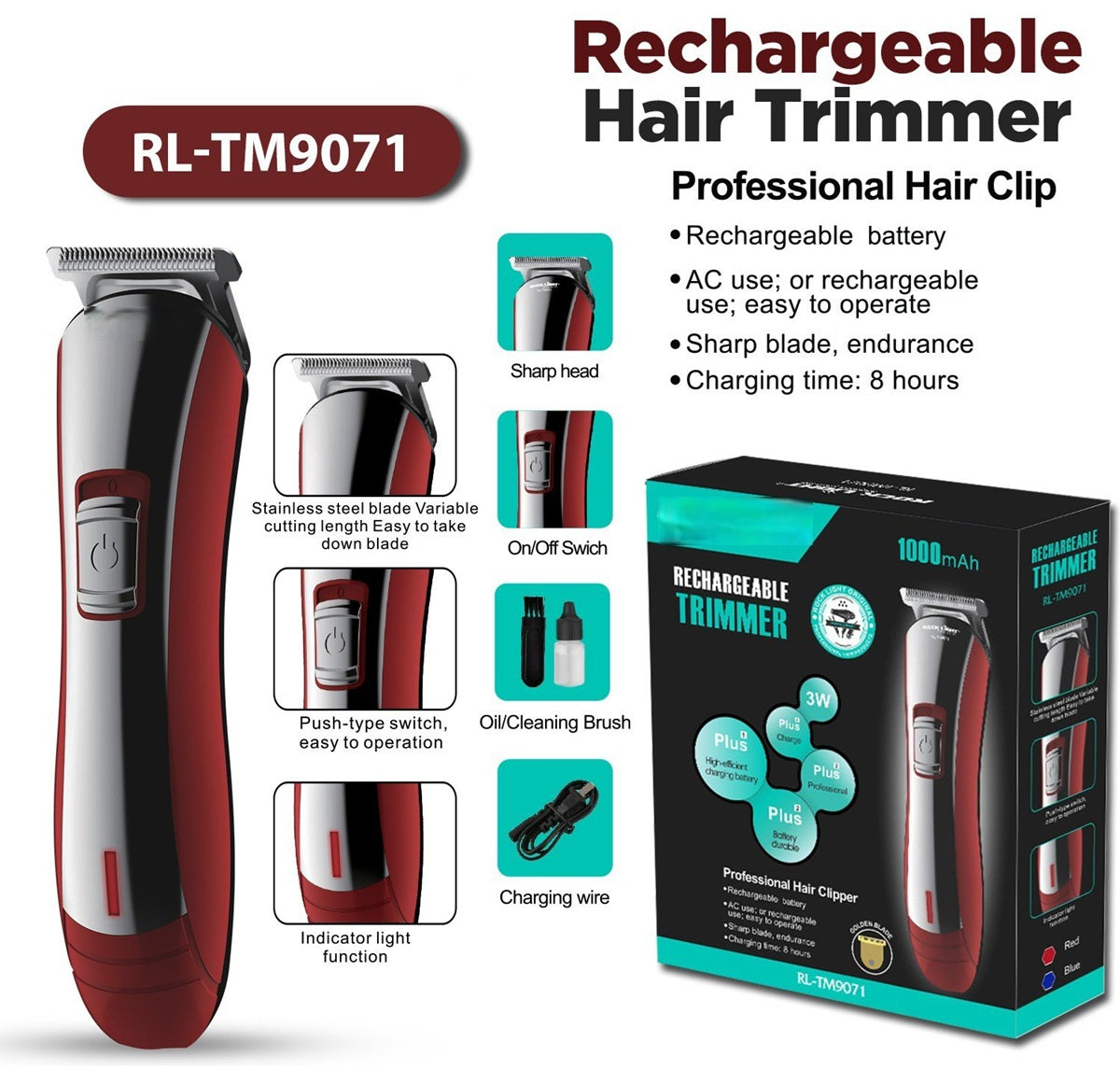 Blue 3 W Rl-Tm9071 Rechareable High Quality-4958 Trimmer - 45 Min Runtime 4 Length Settings