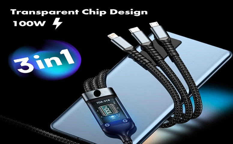 3-in-1 Multi USB Charging Cable, 100W Fast Charging, Braided Nylon, Black