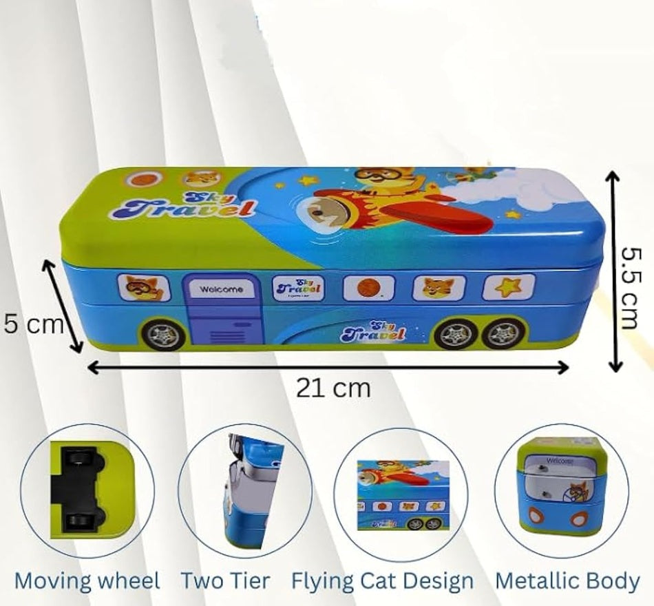Double Decker Sky Travel Pencil Box with Pulling Thread and Moving Wheels |Sky Travel City Bus Pencil Box Art Metal Pencil Box