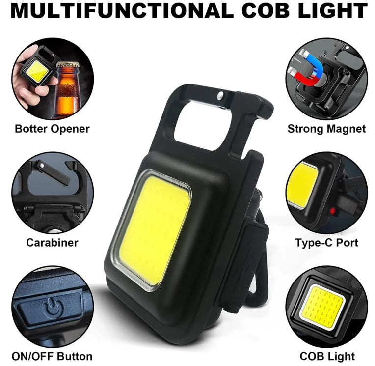 Keychain Mini Cob Flashlight, Super Bright (Max 500 Lumens) Rechargeable Emergency Light, 4 Modes Portable Pocket Light with Folding Bracket Bottle Opener for Fishing, Camping, Walking