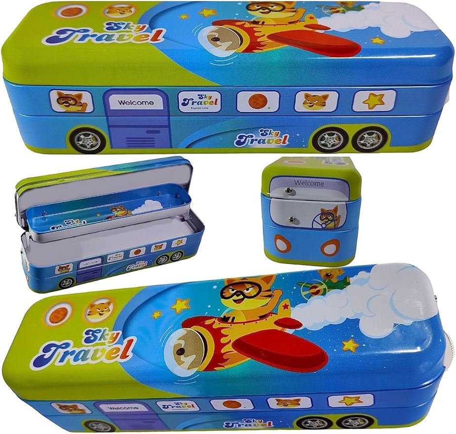 Double Decker Sky Travel Pencil Box with Pulling Thread and Moving Wheels |Sky Travel City Bus Pencil Box Art Metal Pencil Box