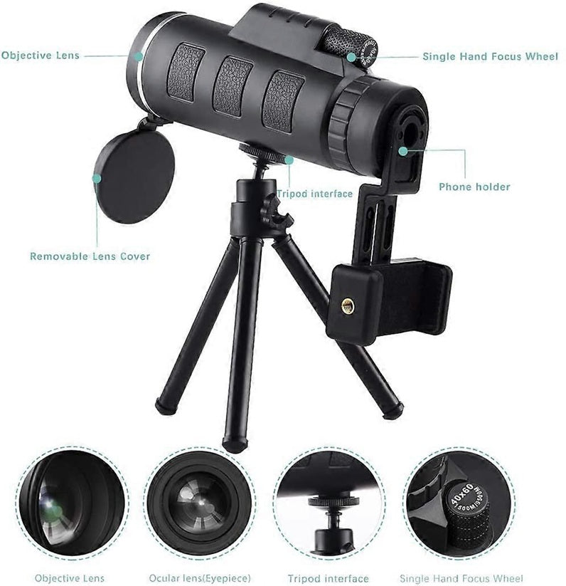 40X60HD Zoom Magnification Telescope + Mobile Phone Mount + Tripod for Adults and Children. High Power, Bi-Focal, FMC Coating and BAK4 Prism Optical Lens Gadget. Moon, Bird Watching/ Wildlife Hunting/ Stargazing/ Outdoor Camping Hiking/ Live Concert.