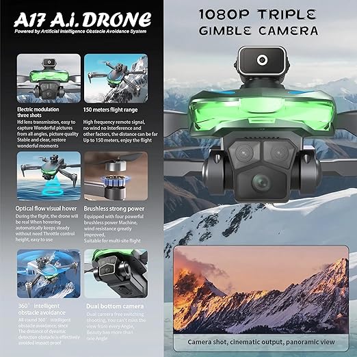 A17 A.I. Drone with A.i. Obstacle Avoidance, 1080P Triple Gimbal Camera,